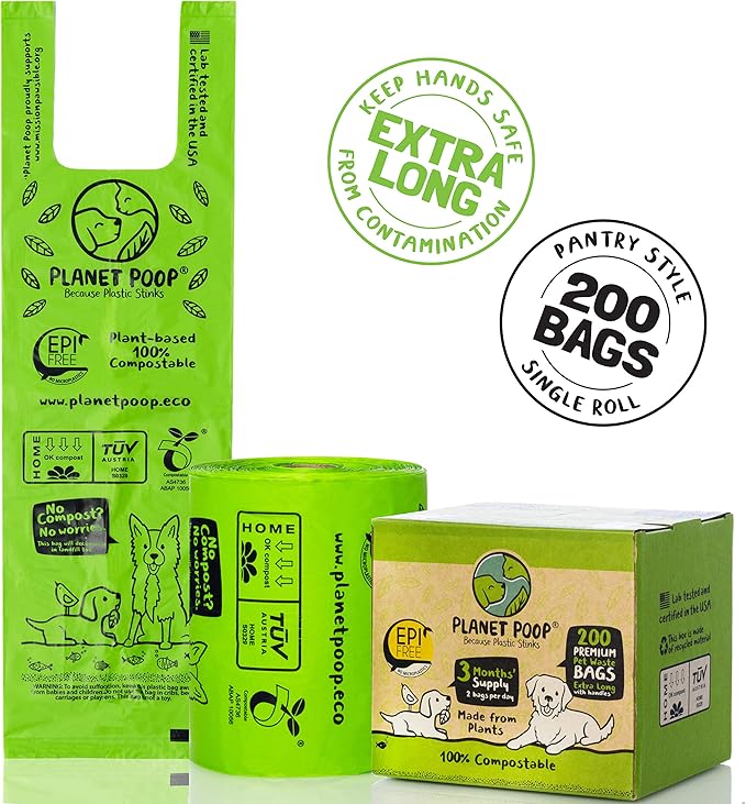PLANET POOP Home Compostable Dog Poop Bags Extra Long with Handles | Large Single Roll 200 Grab &amp; Go | Un-scented Dog Waste Bag | Leakproof Doggy &amp; Cat Bags | Plant-Based Pet Supplies