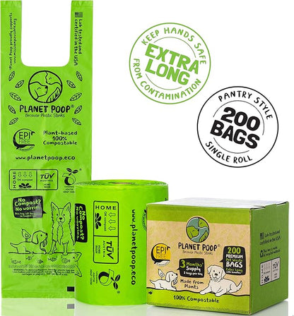 PLANET POOP Home Compostable Dog Poop Bags Extra Long with Handles | Large Single Roll 200 Grab &amp; Go | Un-scented Dog Waste Bag | Leakproof Doggy &amp; Cat Bags | Plant-Based Pet Supplies