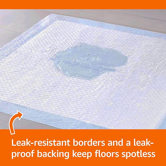 Amazon Basics Dog and Puppy Pee Pads, 5-Layer Leak-Proof Super Absorbent, Quick-Dry Surface, Potty Training, Regular (22x22"), 100 Count, Blue &amp; White