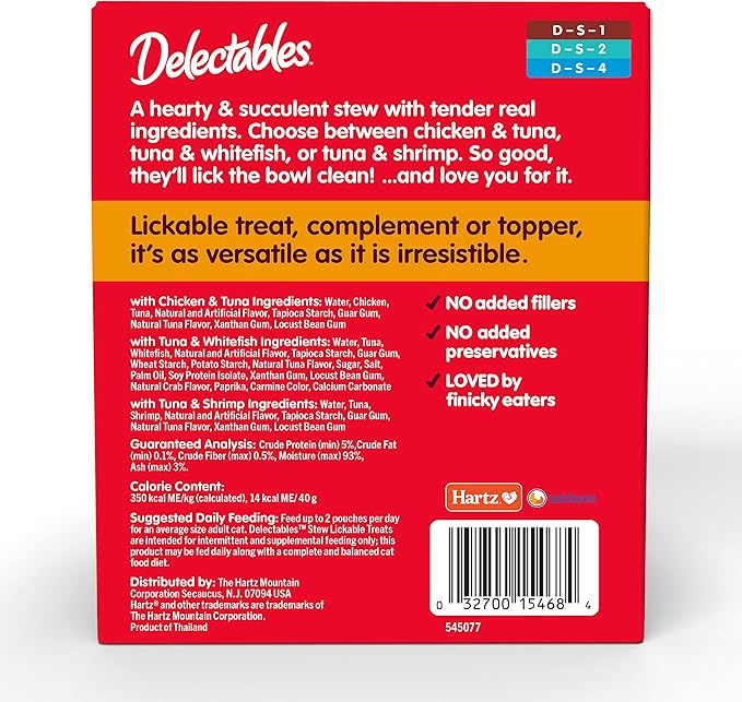Hartz Delectables Stew Lickable Wet Cat Treats for Adult &amp; Senior Cats, Variety Pack, 1.4 Ounce (Pack of 12)
