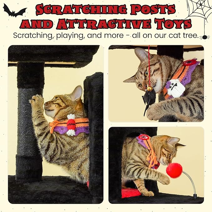 MWPO Gothic Large Cat Tree, 70.1-Inch Multi-Level Tall Cat Tower for Indoor Cats, Plush Cat Condo with Big Padded Perches, Sisal-Covered Scratching Posts, Hammock, Toys for Kittens &amp; Cats, Black