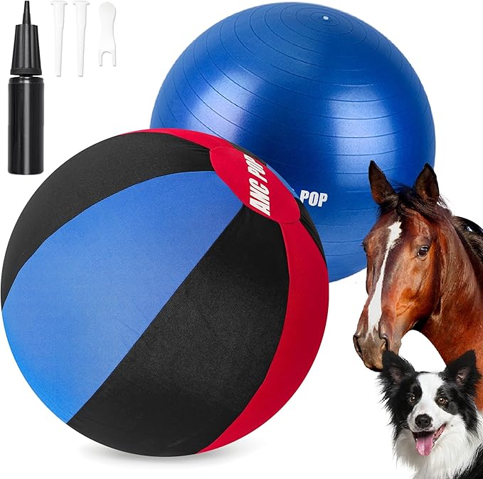 Herding Ball for Dogs Horse Ball&amp; Cover 25" for Horses Large with Hand Pump for Play, Red and Blue and Black