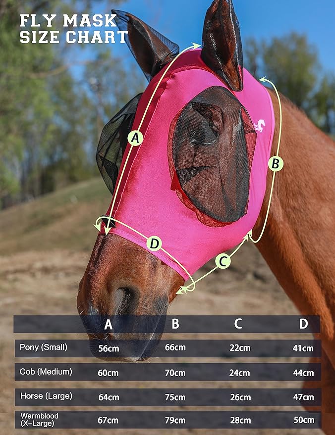Horse Fly Mask Generous&amp;Fine Mesh Eye Covers and Ears Elasticity Mask Snug Fitting Comfortable Breathable Lightweight Equine Stretchy Protection for Horses Hot Pink Full Size