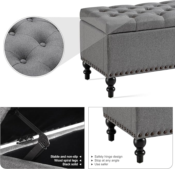 Ottoman with Storage,50.2-inch Upholstered End of Bed Storage Bench for Bedroom,for The Living Room,for Entryway, with Rivets &amp; Button and Safety Hinges,Detachable (Grey)