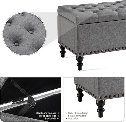 Ottoman with Storage,50.2-inch Upholstered End of Bed Storage Bench for Bedroom,for The Living Room,for Entryway, with Rivets &amp; Button and Safety Hinges,Detachable (Grey)