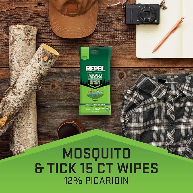 Repel Insect Repellent Mosquito &amp; Tick Wipes 12% Picaridin, Repels Mosquitoes and Ticks for Up to 10 Hours in A Convenient Travel Wipe for Whole-Family Mosquito and Tick Protection,15 Count, 3 Ounces