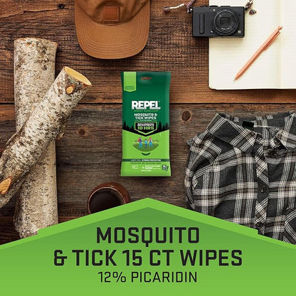 Repel Insect Repellent Mosquito &amp; Tick Wipes 12% Picaridin, Repels Mosquitoes and Ticks for Up to 10 Hours in A Convenient Travel Wipe for Whole-Family Mosquito and Tick Protection,15 Count, 3 Ounces
