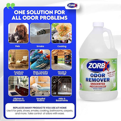 ZORBX Unscented Odor Eliminator Spray 128 Oz, 1 Gallon - Used in Hospitals &amp; Healthcare Facilities - Advanced Trusted Odor Remover Formula - All-Purpose Deodorizer for Dog, Cat, Home, Carpet &amp; Car