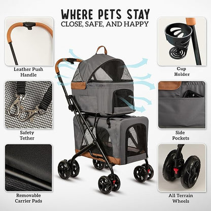 Double Pet Stroller with Detachable Carriers - Ideal for 2 Dogs or Cats - Compact &amp; Convenient Design - Easy Assembly Double Dog Stroller - Graphite Gray