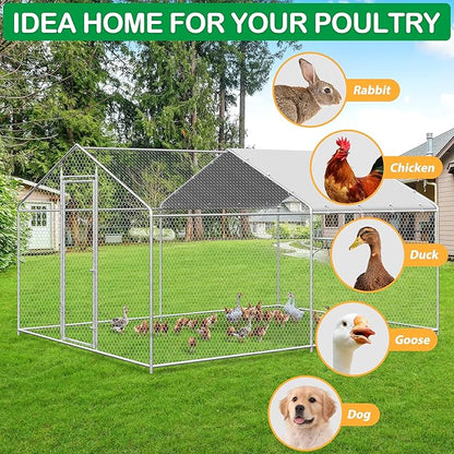 Large Metal Chicken Coop, Walk-in Chicken Run Pen with Waterproof Cover, Spire Roof Poultry Cage Run for Outdoors, Backyard, Farm(9.7&
