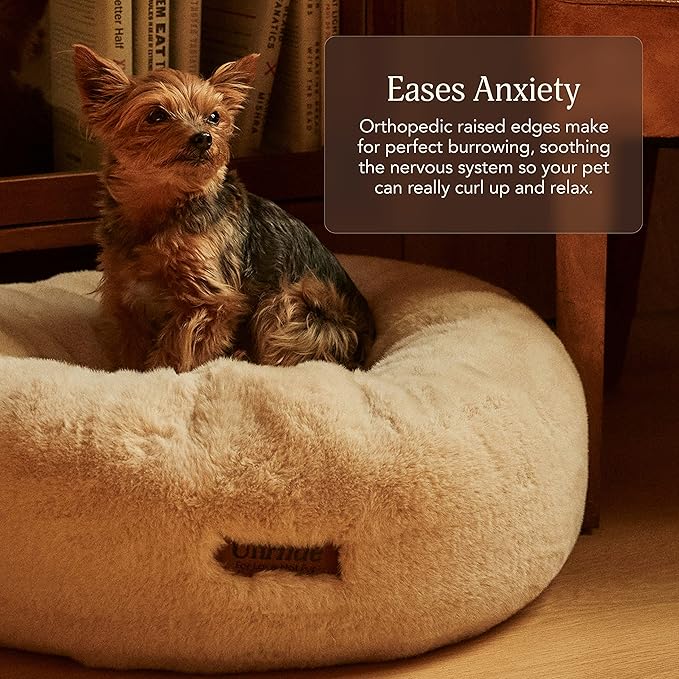 UnHide Floof Pet Bed - Small (23" x 8") - Extra Soft Dog Bed - Removable Faux Fur Cover - Machine Washable - Helps Ease Pet Anxiety &amp; Provides The Perfect Sleep - Beige Bear