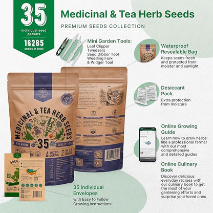 35 Medicinal &amp; Tea Herb Seeds Variety Pack for Indoor &amp; Outdoors. 16,335+ Non-GMO Heirloom Garden Seeds: Anise, Bergamot, Borage, Cilantro, Chamomile, Dandelion, Rosemary Seeds &amp; More