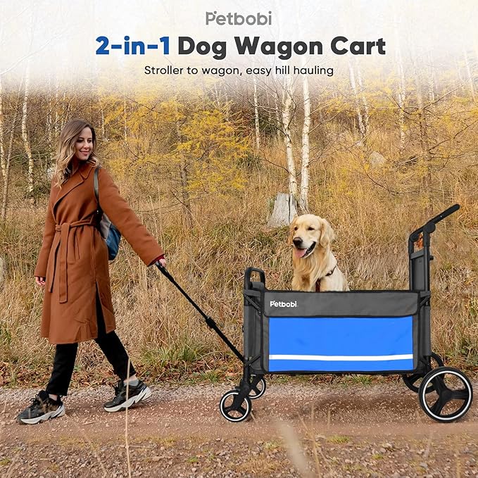 Petbobi Dog Wagon Stroller for Large &amp; Medium Dogs - 2-in-1 Push-Pull Pet Stroller with Ramp, Foldable All Terrain Wagon Cart, One-Step Brake, Suitable for Outdoor Walks &amp; Camping, Blue