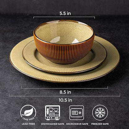 GBHOME Ceramic Dinnerware Sets,12 pcs Embossed Elegant Stoneware Plates and Bowls Sets, Housewarming Wedding Gift | Dishwasher &amp; Microwave Safe | Dishes Set Service for 4