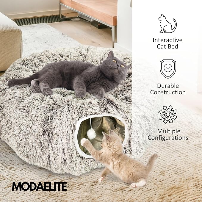 Cat Donut Bed with Washable Cushion – Cat Caves for Indoor Cats – Collapsible Donut Bed with Peekaboo Pet Tunnel Toy – Cozy Hideout for Kittens, Ferrets, Rabbits &amp; Dogs - Brown