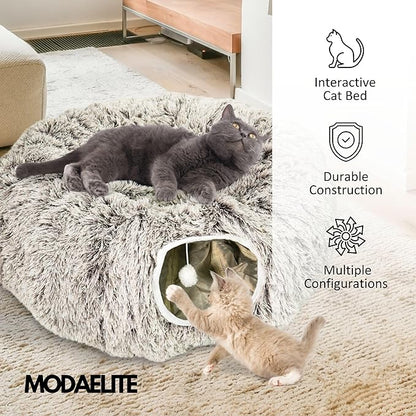Cat Donut Bed with Washable Cushion – Cat Caves for Indoor Cats – Collapsible Donut Bed with Peekaboo Pet Tunnel Toy – Cozy Hideout for Kittens, Ferrets, Rabbits &amp; Dogs - Brown