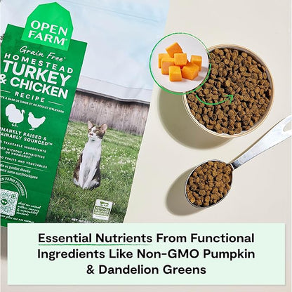 Open Farm, Grain Free Dry Cat Food, High-Protein Kibble for a Complete &amp; Balanced Diet, Non-GMO Fruits &amp; Vegetables, Prebiotic Fibers to Support Digestion, Homestead Turkey &amp; Chicken Recipe, 8lb Bag
