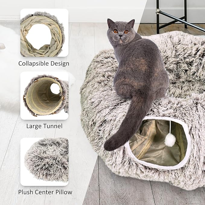 Cat Donut Bed with Washable Cushion – Cat Caves for Indoor Cats – Collapsible Donut Bed with Peekaboo Pet Tunnel Toy – Cozy Hideout for Kittens, Ferrets, Rabbits &amp; Dogs - Brown