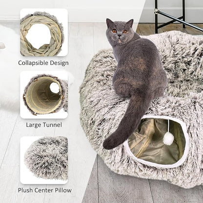 Cat Donut Bed with Washable Cushion – Cat Caves for Indoor Cats – Collapsible Donut Bed with Peekaboo Pet Tunnel Toy – Cozy Hideout for Kittens, Ferrets, Rabbits &amp; Dogs - Brown