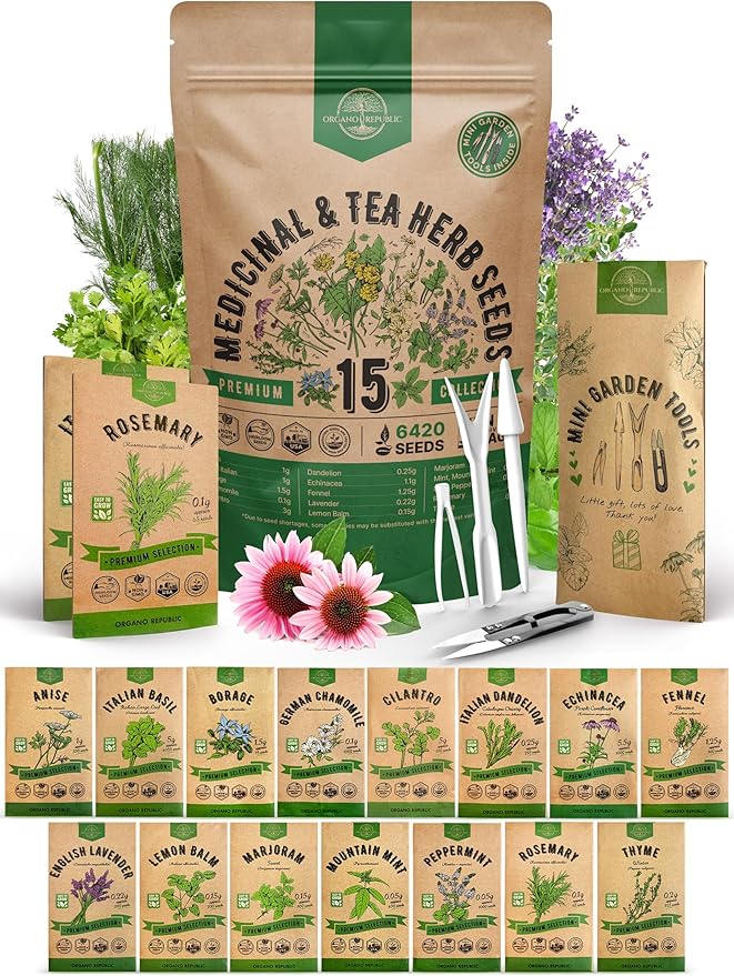 Organo Republic 15 Medicinal &amp; Tea Herb Seeds Variety Pack 6,420+ Non-GMO Heirloom Garden Seeds for Indoor &amp; Outdoors, Including Anise, Borage, Cilantro, Chamomile, Dandelion, Rosemary Seeds