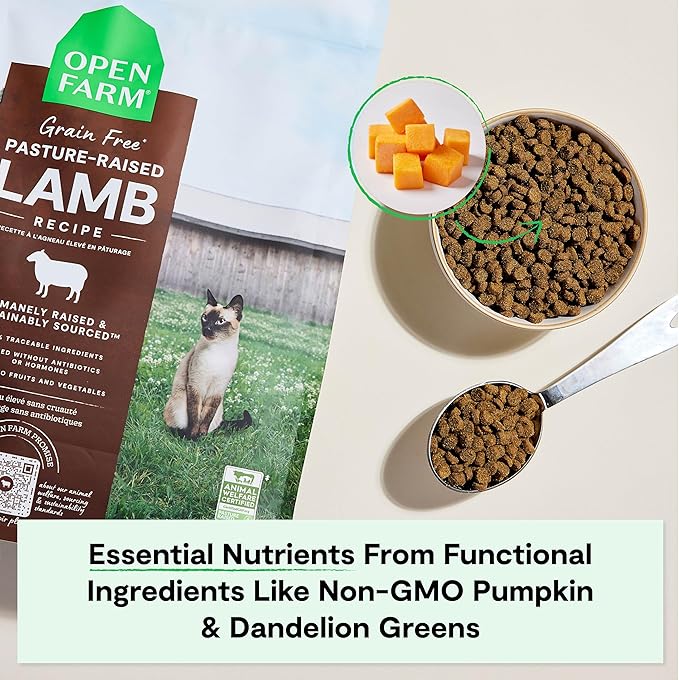 Open Farm, Grain Free Dry Cat Food, High-Protein Kibble for a Complete &amp; Balanced Diet, Non-GMO Fruits &amp; Vegetables, Prebiotic Fibers to Support Digestion, Pasture-Raised Lamb Recipe, 4lb Bag
