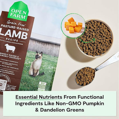 Open Farm, Grain Free Dry Cat Food, High-Protein Kibble for a Complete &amp; Balanced Diet, Non-GMO Fruits &amp; Vegetables, Prebiotic Fibers to Support Digestion, Pasture-Raised Lamb Recipe, 4lb Bag