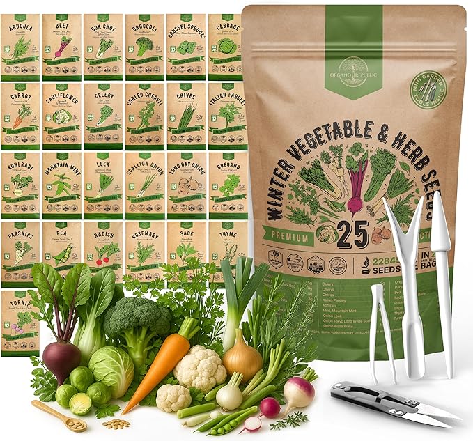 Organo Republic 25 Winter Vegetable &amp; Herb Garden Seeds Variety Pack for Outdoors &amp; Indoor Home Gardening 22,840+ Non-GMO Heirloom Seeds Broccoli Beet Carrot Cabbage Radish Pea Mint Thyme Parsley