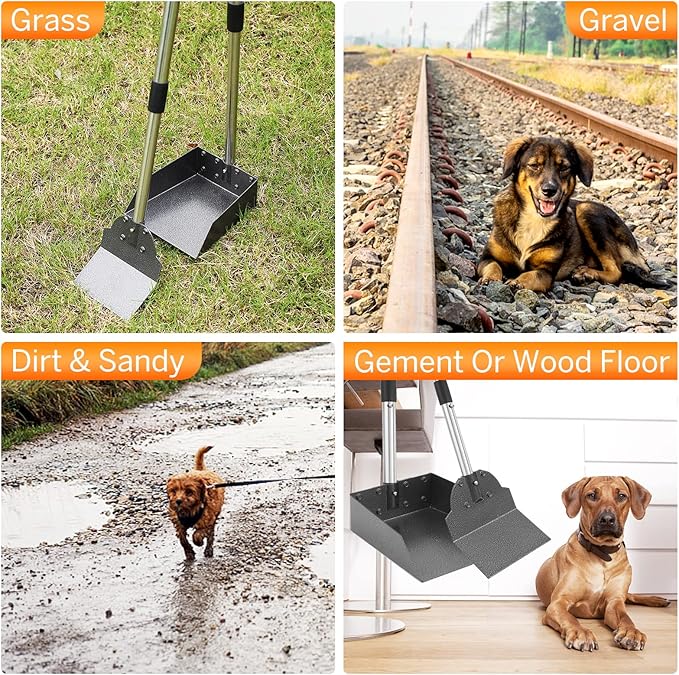 Pooper Scooper, Metal Aluminum Tray and Spade Poop Scoop Set with Adjustable Stainless Steel Long Handle, Pet Waste Removal Heavy Duty Poop Scooper (Small Tray&amp;Spade)