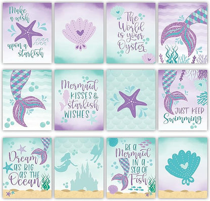Hadley Designs 6 Mermaid Wall Decor – Reversible Magical Mermaid Wall Art for Nursery &amp; Bathroom, Under the Sea Unframed Ocean-Themed Room Decor Prints for Girls&