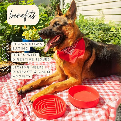 The Slowdown Bowl Silicone Slow Feeder for Dogs &amp; Puppies, Slow Eating, Modern Lick Mat Design, Reduces Gulping, Fits 2 Cups 7.5” Across x 1.5” Tall, Mealtime Challenge, Medium-Cherry