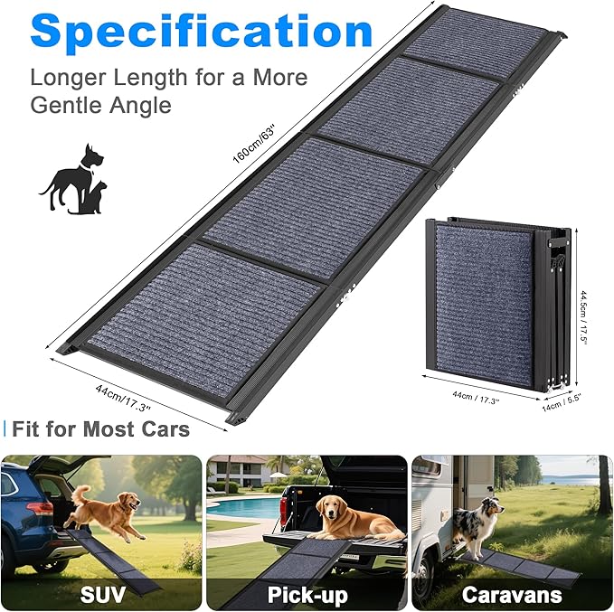 AQUILLA Dog Ramp for Car, 63" Folding Portable Dog Ramp with Non-Slip Rug Surface, Extra Wide Pet Ramps for Cat &amp; Dogs Get on Bed, Cars, Stairs,Pick Up Trucks, Up to 250LBS (63" L x 17.3" W)