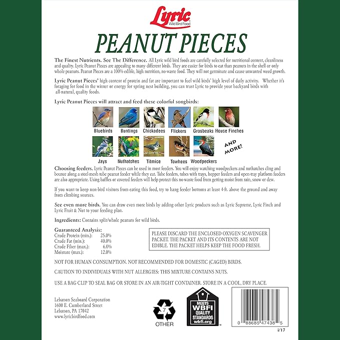Lyric Peanut Pieces Wild Bird Seed - No Waste Bird Food - Attracts Titmice, Woodpeckers, Chickadees &amp; More - 15 lb bag
