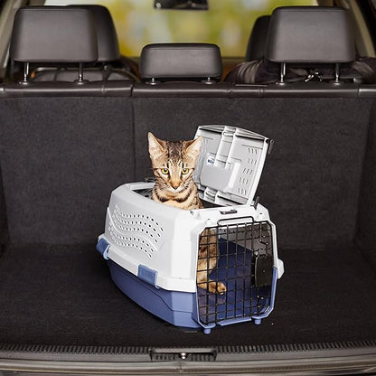 Amazon Basics 2-Door Top-Load Hard-Sided Cat Pet Travel Carrier, 19.0" L x 12.6" W x 10.0" H, Gray &amp; Blue
