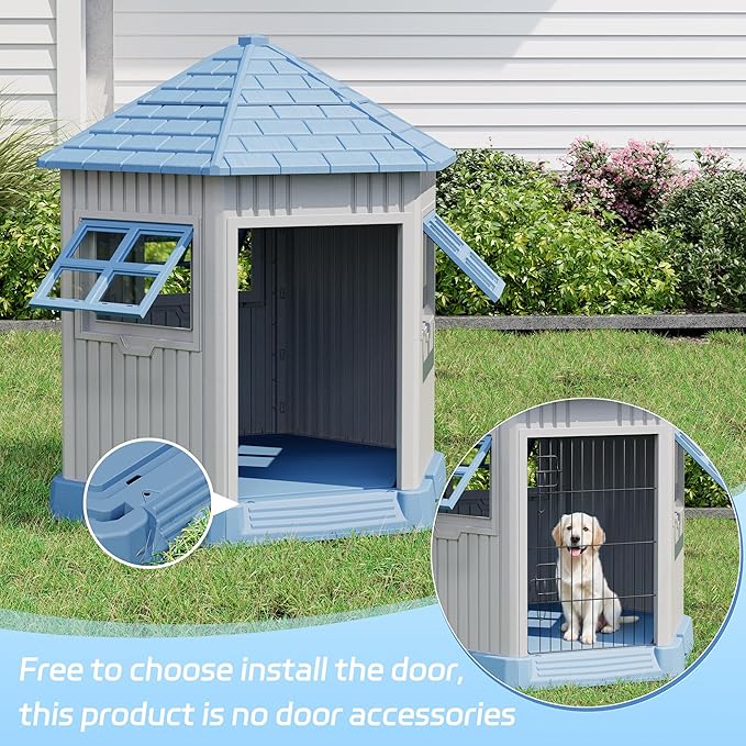 Durable Dog House Indoor Outdoor for Small Medium Dogs, Weatherproof Puppy Shelter with Elevated Floor &amp; Air Vents, Easy Clean and Assemble (Blue, 36.61L*29.5W*37.4H)
