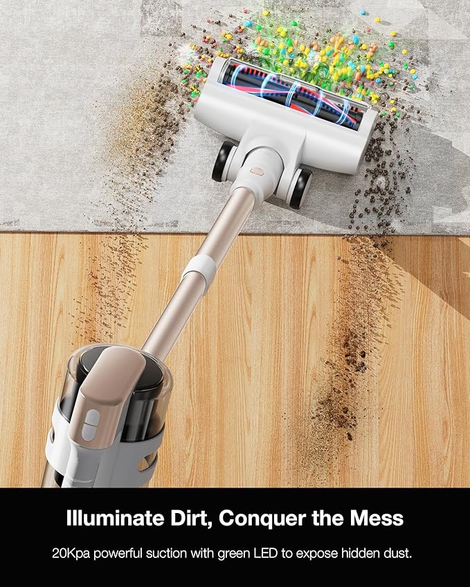 Cordless Stick Vacuum Cleaner for Home, Lightweight Rechargeable Vacuum with 55min Runtime, Powerful Suction, Green LED Headlight, 9-in-1 Pet Hair Carpet &amp; Hardwood Floor Cleaner