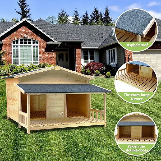 Large Outdoor Wooden Dog House – Weatherproof Double Kennel with Asphalt Roof &amp; Covered Porch, Ideal for Medium to Large Breeds