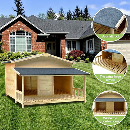 Large Outdoor Wooden Dog House – Weatherproof Double Kennel with Asphalt Roof &amp; Covered Porch, Ideal for Medium to Large Breeds