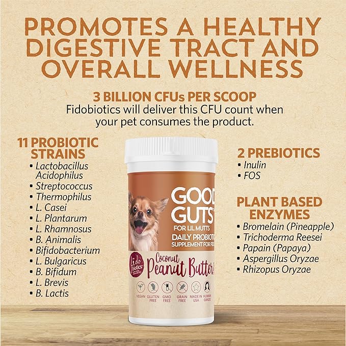 Fidobiotics Good Guts for Lil Mutts Probiotic for Dogs, Billions of CFUs, 11 Strains, 5 Digestive Enzymes, 2 Prebiotics, Digestive Gut Health for Dogs, Adult &amp; Puppy Probiotics Supplements (30 Days)