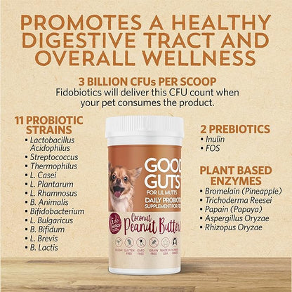 Fidobiotics Good Guts for Lil Mutts Probiotic for Dogs, Billions of CFUs, 11 Strains, 5 Digestive Enzymes, 2 Prebiotics, Digestive Gut Health for Dogs, Adult &amp; Puppy Probiotics Supplements (30 Days)
