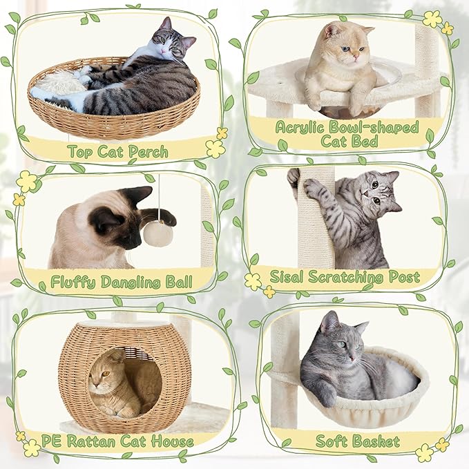 Yaheetech 54in Rattan Cat Tree, Modern Tower with Breathable Woven Condo, Scratching Posts &amp; Washable Cushions, Naturally Cool in Summer, Cute Furniture for Indoor Cats