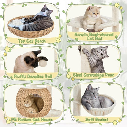 Yaheetech 54in Rattan Cat Tree, Modern Tower with Breathable Woven Condo, Scratching Posts &amp; Washable Cushions, Naturally Cool in Summer, Cute Furniture for Indoor Cats