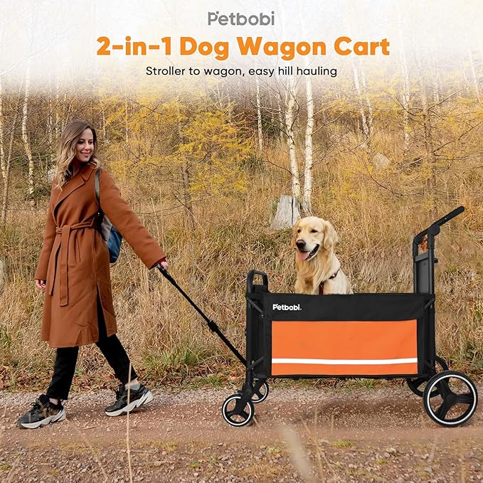 Petbobi Dog Wagon Stroller for Large &amp; Medium Dogs - 2-in-1 Push-Pull Pet Stroller with Ramp, Foldable All Terrain Wagon Cart, One-Step Brake, Suitable for Outdoor Walks &amp; Camping, Orange