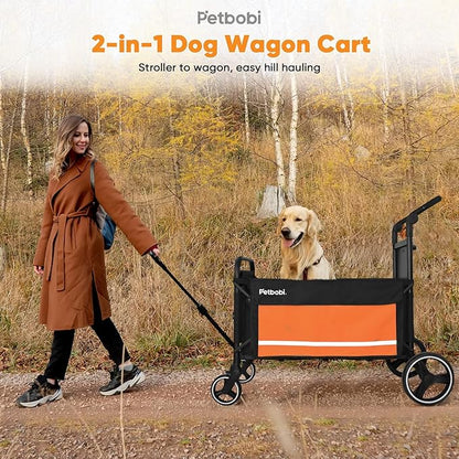 Petbobi Dog Wagon Stroller for Large &amp; Medium Dogs - 2-in-1 Push-Pull Pet Stroller with Ramp, Foldable All Terrain Wagon Cart, One-Step Brake, Suitable for Outdoor Walks &amp; Camping, Orange