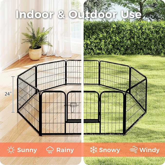 24 Inch 8 Panels Dog Playpen - Metal Pet Exercise Pen for Puppy, Indoor/Outdoor Dog Fence for Yard, Garden, Camping &amp; RV Travel
