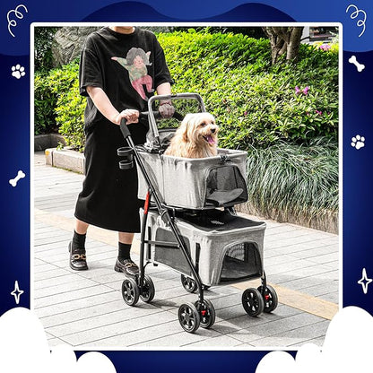 Detachable Pet Double Stroller with 4 Rolling Casters for 2 Pets – Lightweight Multifunctional Travel Stroller with Mesh Windows, Cup Holder, Sun Shades &amp; Storage Pocket for Puppy and Kitty