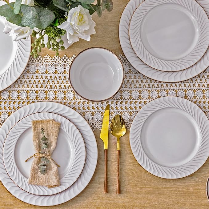 GBHOME Ceramic Dinnerware Sets,12 pcs Embossed Elegant Stoneware Plates and Bowls Sets, Housewarming Wedding Gift | Dishwasher &amp; Microwave Safe | Dishes Set Service for 4
