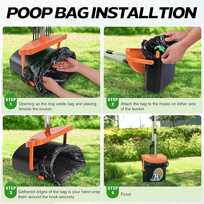 UPSKY Dog Pooper Scooper Swivel Bin &amp; Rake Kit with 100 Waste Bags,33.4" Stainless Steel Long Handle Heavy Duty Pet Poop Shovel for Large Medium Small Dogs, Odor-Proof Lid for Yard/Lawn/Outdoor Use