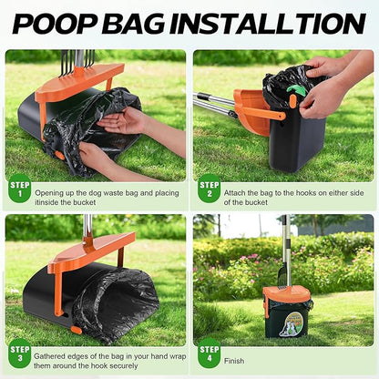 UPSKY Dog Pooper Scooper Swivel Bin &amp; Rake Kit with 100 Waste Bags,33.4" Stainless Steel Long Handle Heavy Duty Pet Poop Shovel for Large Medium Small Dogs, Odor-Proof Lid for Yard/Lawn/Outdoor Use