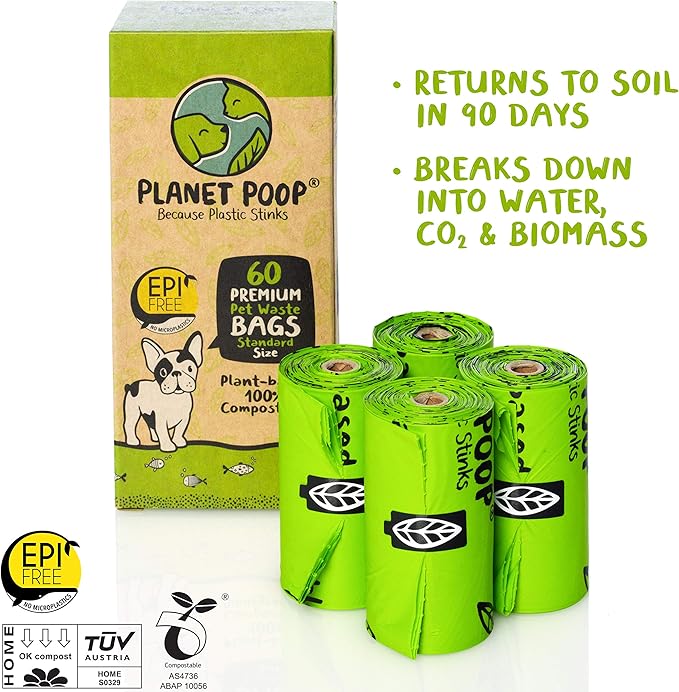 PLANET POOP Home Compostable Dog Poop Bags on Refill Rolls, 60 Un-Scented Pet Waste Bags, Thick Leakproof Plant-Based Doggy Bag, Cat &amp; Dogs Supplies