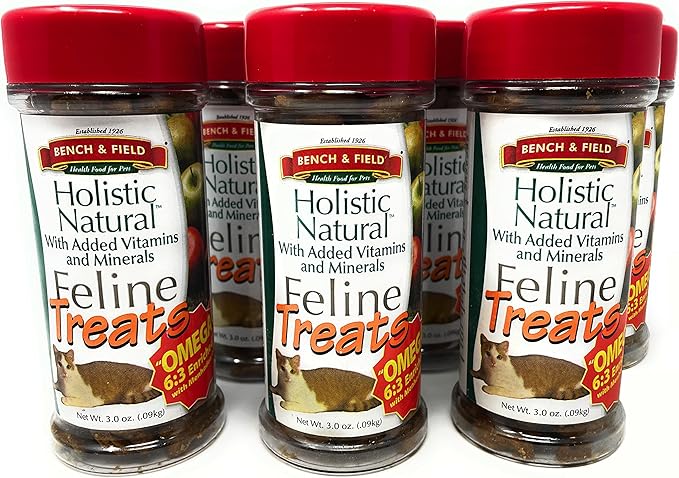 Bench &amp; Field Holistic Natural Healthy Kitty Cat Treats | Crunchy Fish-Shaped Bites | Delicious Seafood Flavored Snack, 3-Ounce (Pack of 6 Bottles)